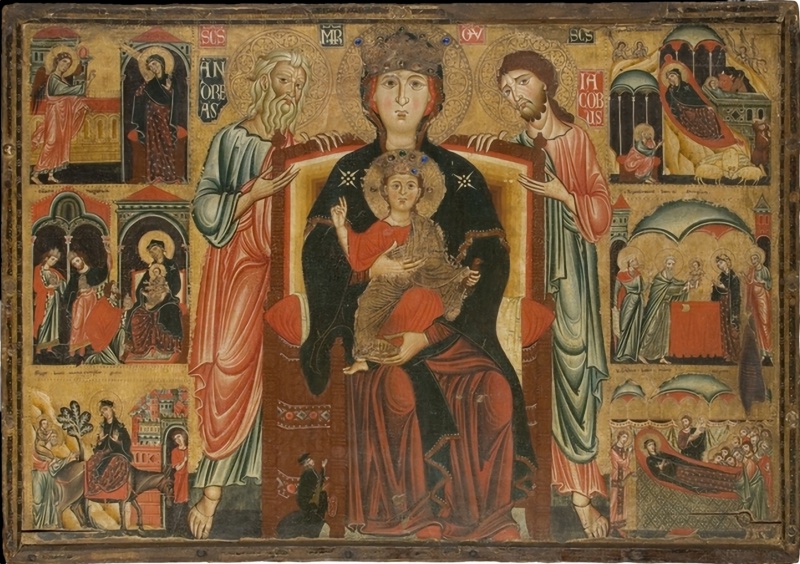 Madonna and Child Enthroned with Saints Andrew and James, a Donor, and Six Stories